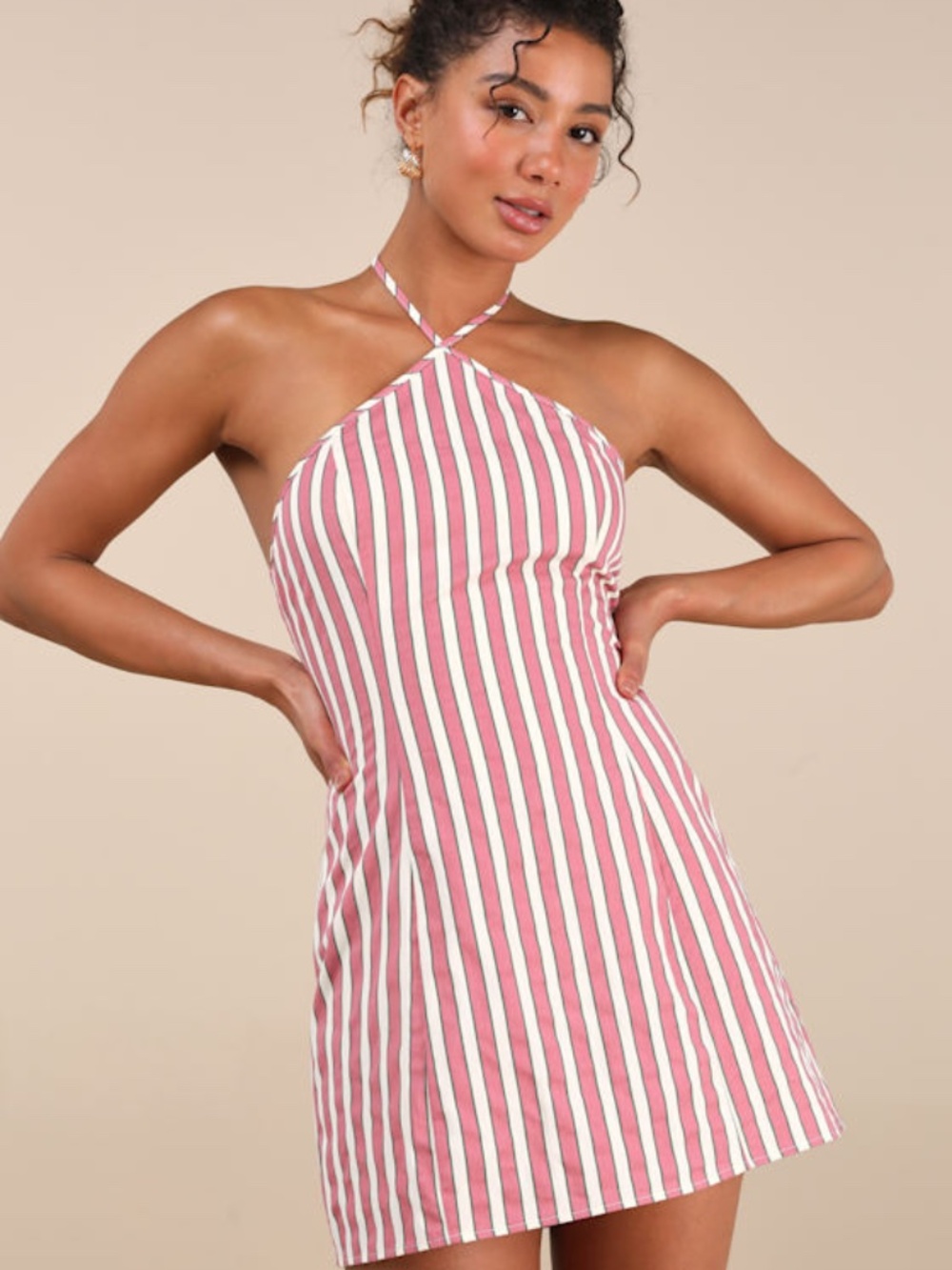 Lulus Madelia Pink Striped Halter Mini Dress - Size M